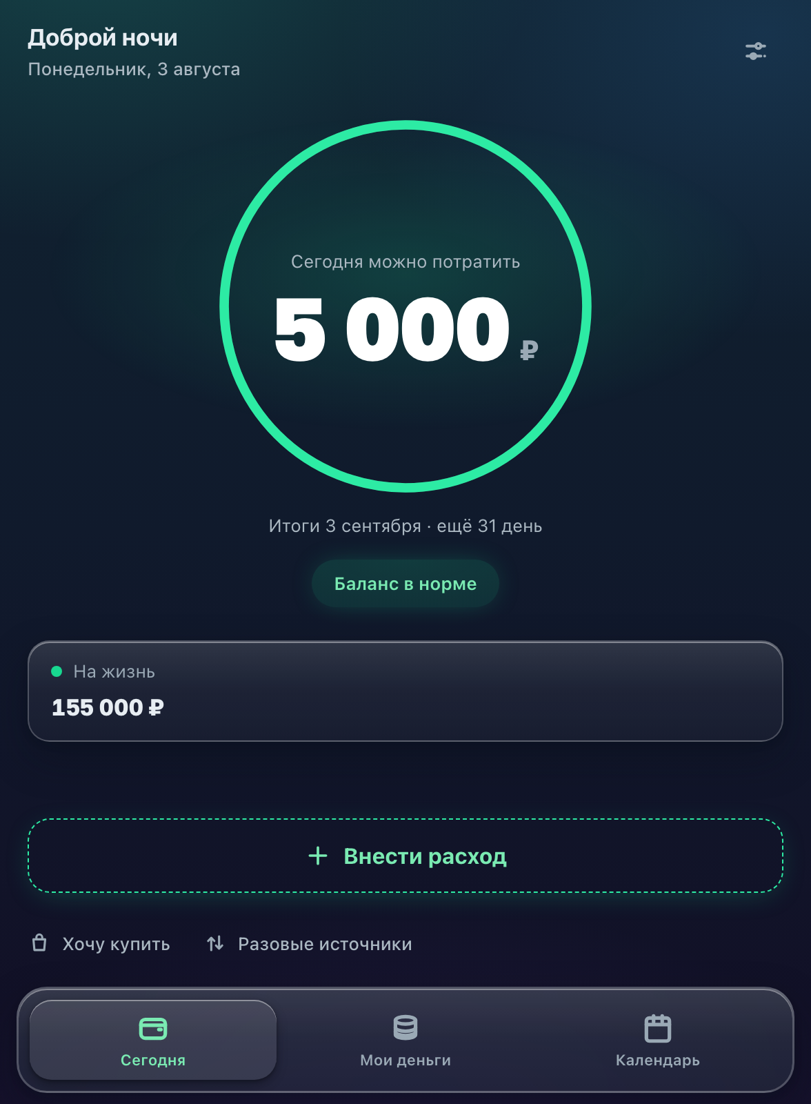 Главный экран — лимит на сегодня