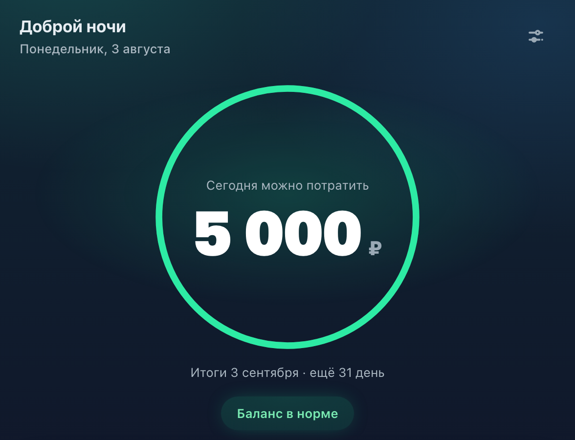 Главный экран приложения — лимит на сегодня